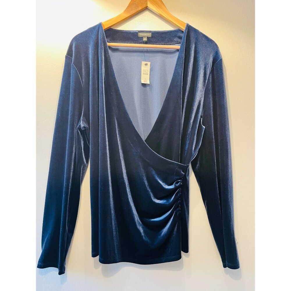 Talbots Sz XL Blue Velvet Surplice Faux Wrap Pullover Blouse Top V Neck